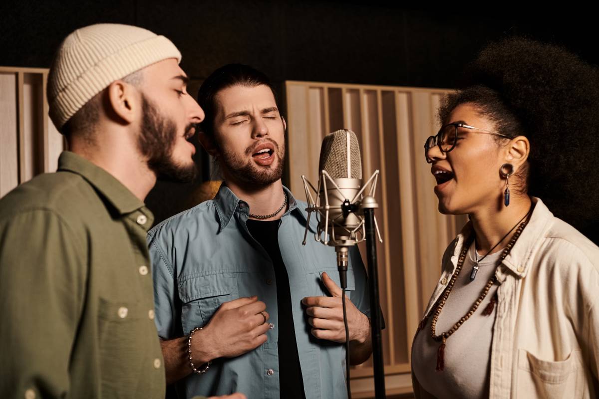 Three individuals passionately singing into a microphone while rehearsing in a recording studio.